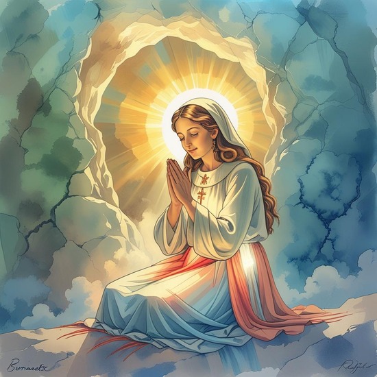 Image de Sainte Bernadette priant à la grotte de Lourdes.